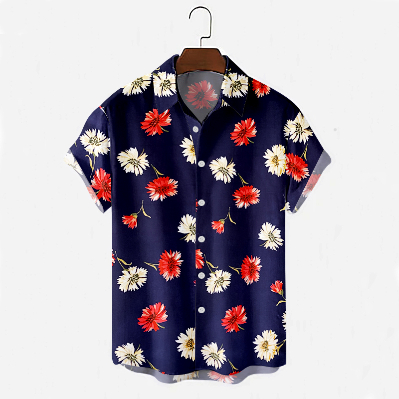 Half Sleeves Linen Shirt – Red & White Flowers Print – AZ Order Online
